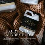 Laundry detergent bottles on a textured brown blanket with promotional text