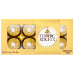 Box of Ferrero Rocher hazelnut chocolates in gold wrappers
