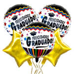 Three graduation balloons with gold star balloons