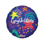 Round congratulations balloon with colorful star and swirl graphics