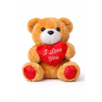 Plush teddy bear holding a red heart with "I Love You" text