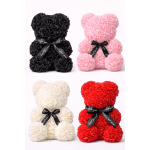 Four rose-covered teddy bears in black, pink, white, and red