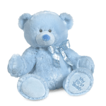 Light blue teddy bear with a plaid ribbon bow