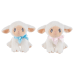 Two plush lamb toys with blue and pink bows