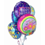 Cluster of colorful birthday balloons with floral designs and a "Happy Anniversary" balloon