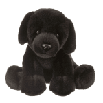 Black plush dog toy sitting on a white background