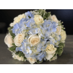 Bouquet of cream roses and pale blue hydrangeas