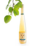 A bottle of honey with a leafy branch draped beside it
