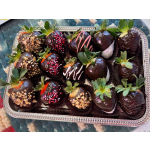 Tray of chocolate-covered strawberries with assorted toppings