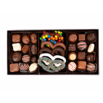 Box of assorted chocolates and chocolate-covered pretzels