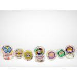 Assorted clear plastic celebration cake containers with colorful labels