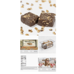 Two chocolate fudge squares topped with chopped nuts on a white surface