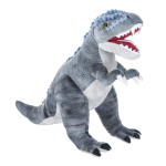 Gray dinosaur plush toy with an open mouth and white teeth