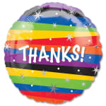 Rainbow-striped foil balloon with the word Thanks!