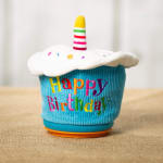 Birthday cupcake plush with a striped candle and colorful lettering