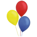 Three balloons in red, yellow, and blue on a white background