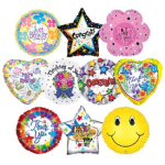 Assorted colorful foil balloons with stars, hearts, and a smiley face