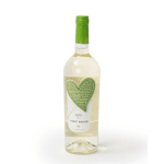 Bottle of white wine with green cap and heart label on a white background