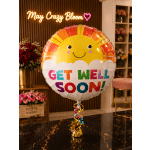 Get Well Soon balloon with a smiling sun design and ribbon tail