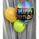 Birthday balloons with a large "Happy Birthday" balloon and two solid balloons