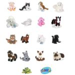 Assorted small plush animal toys arranged on a white background.