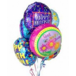 Cluster of colorful anniversary and birthday balloons