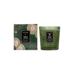 Two green Voluspa Temple Moss candles with patterned packaging