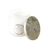 White Voluspa eucalyptus and white sage candle in a glass jar with lid