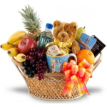 Gift basket with fruit, snacks, a teddy bear, and a ribbon bow