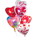 Bundle of six heart-shaped I Love You foil balloons in red, white, and multicolor designs