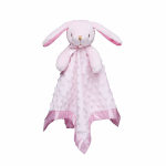 Pink plush bunny security blanket with long ears and satin trim