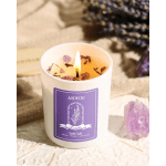 Lit lavender scented candle in a white glass jar