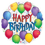 Round birthday balloon with colorful balloons and "Happy Birthday" text