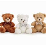 Three teddy bears with polka-dot bows sit side by side.