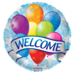 Round balloon bouquet with a "WELCOME" banner