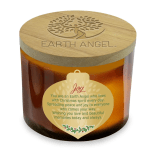 Amber candle in a glass jar with a wooden lid and holiday label