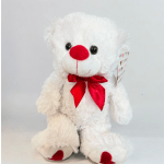 White teddy bear with a red nose and ribbon