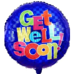 Blue balloon with colorful "Get Well Soon!" text