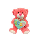 Pink teddy bear holding a heart with the word LOVE