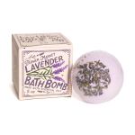 Lavender bath bomb in a box beside a round bath bomb