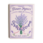 Box of lavender-scented paper soap leaves with a floral illustration