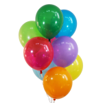 Cluster of colorful helium balloons on a white background