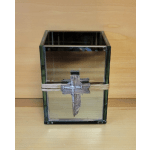 Glass cube with a rustic wooden cross tied around it