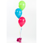 Three colorful balloons tied together with ribbon