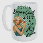 White mug with a retro pin-up graphic and bold text