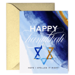 Hanukkah greeting card with blue watercolor design, Star of David, and gold envelope.