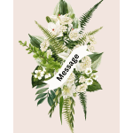 White floral sympathy spray with a message ribbon