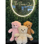 Three plush teddy bears in pink, cream, and brown sit before a green wall sign.