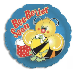 Blue balloon with a cartoon bee and the words "Bee Better Soon"