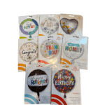 Assorted packaged foil balloons with messages like Feel Better, Hello Baby, and Happy Birthday